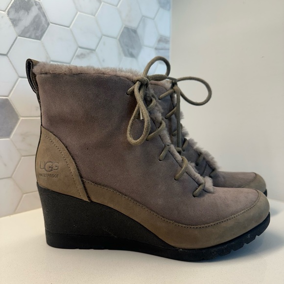 UGG Shoes - UGG Bridgit Womens 6.5 Wedge Boots Waterproof Suede Leather Sheepskin Lined Grey